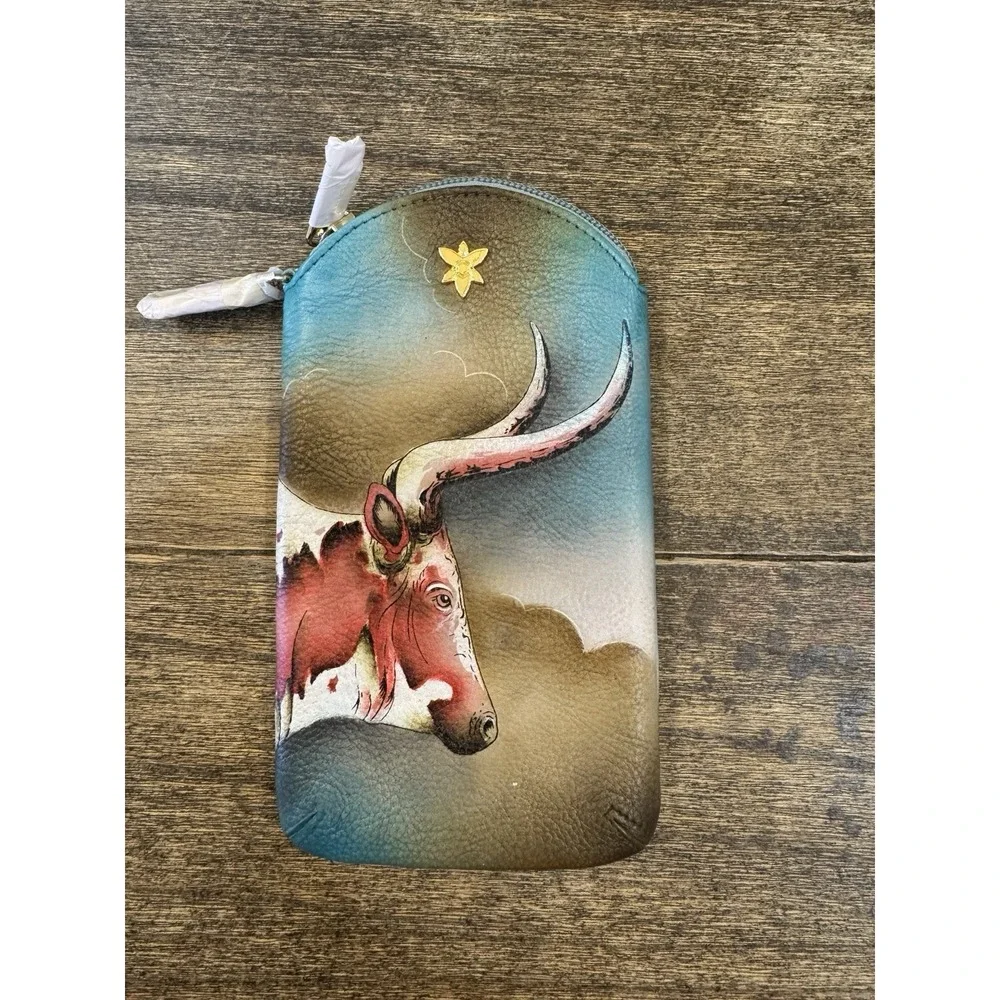 Anuschka Handpainted Leather Phone Eyeglasses Case Pouch Texas Longhorn